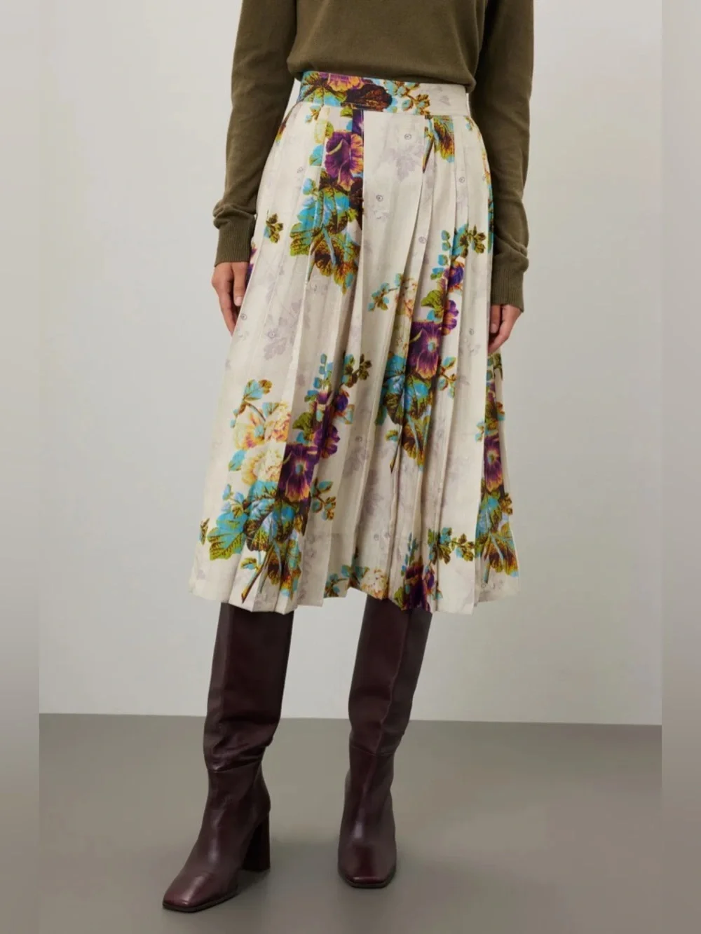 Tory Burch Floral Pleated Satin High Waisted Midi Skirt